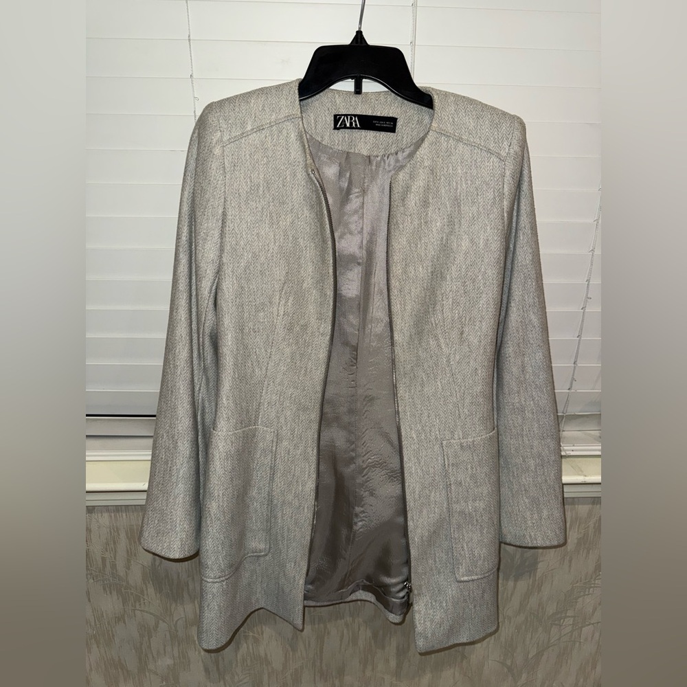 Zara Jacket Womens Small Gray Zip Up Knit Pockets Lined Cotton Blend Long Sleeve